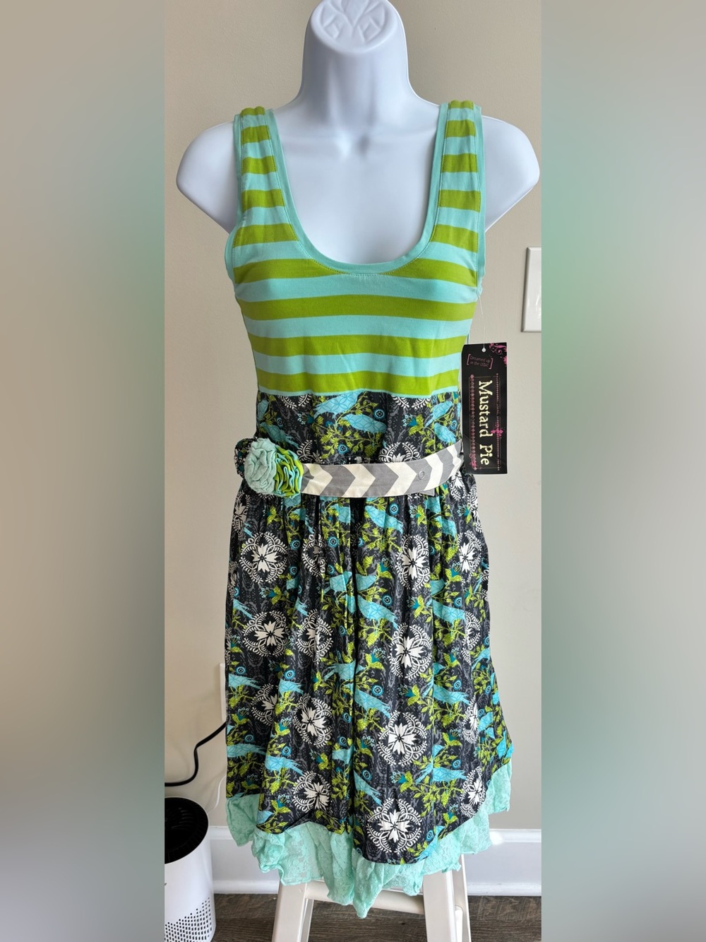 Mustard Pie Striped Floral Belted Dress